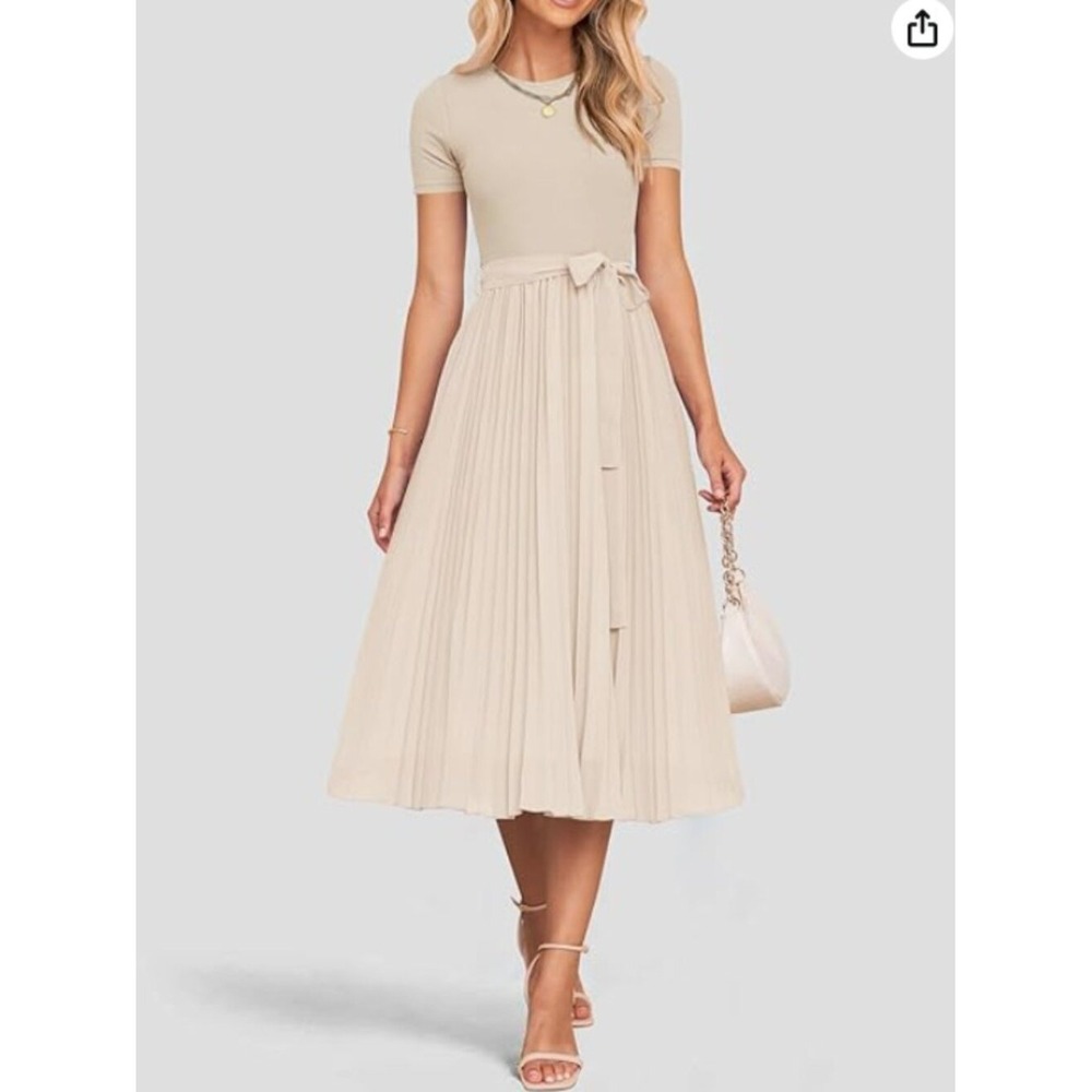 ZESICA Women's Short Sleeve Pleated Midi Dress in Apicot Beige